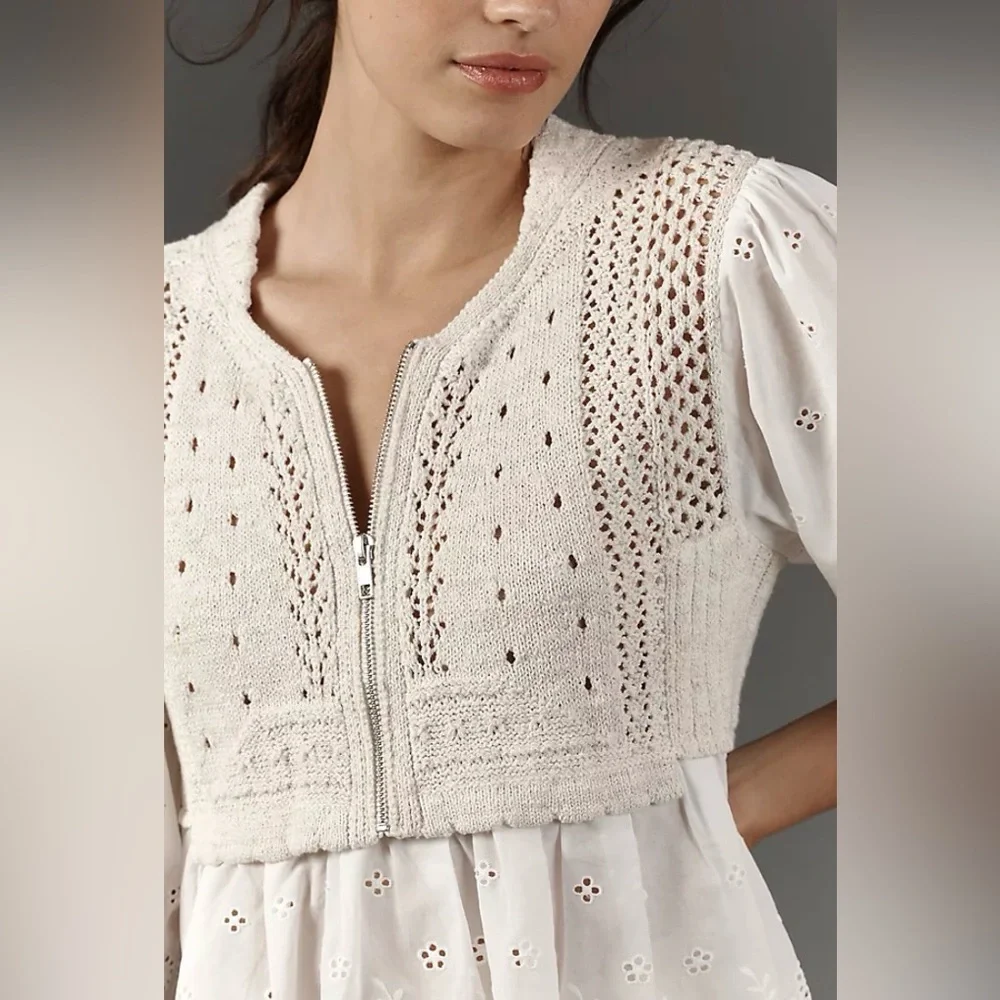 Anthropologie Half Zip Sweater Vest Eyelet Blouse Size S Like New